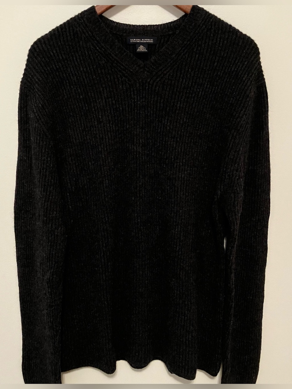VTG Banana Republic Men’s Wool XL Gray Fisherman Rib Knit V-neck Sweater Y2K